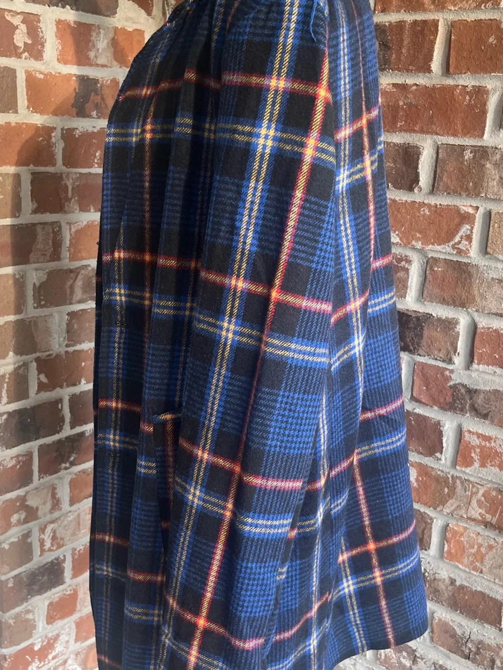 Men's Navy Plaid Pea Coat with Red Accent - Classic Tailored Outerwear